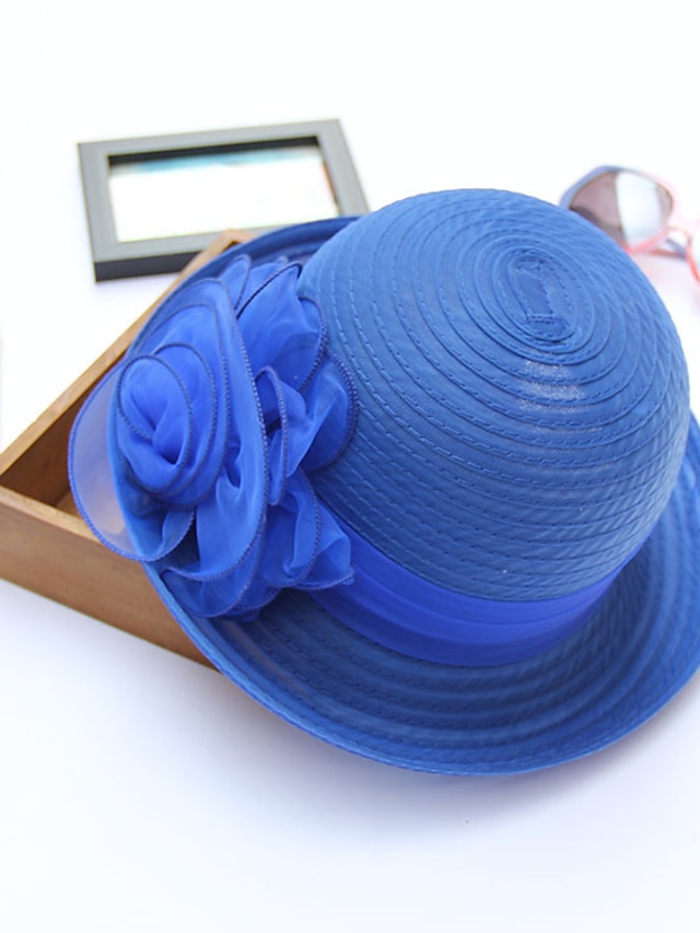  Γυναικείο Μονόχρωμο,Καπέλο Λουλούδι Άχυρο Άνοιξη/Χειμώνας Καλοκαίρι,Τύπου bucket Καπέλο ηλίου Ριγέ