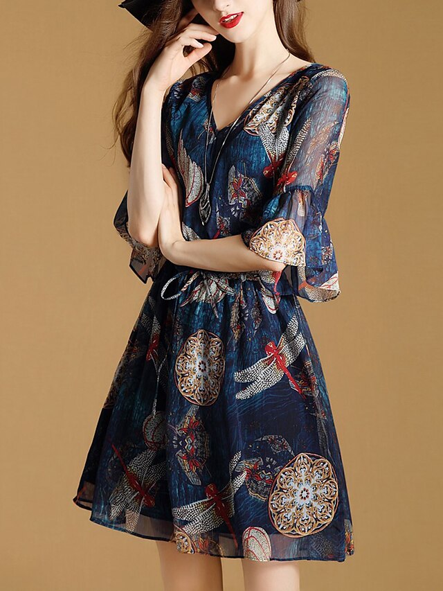  Women's Going out Street chic Flare Sleeve A Line Dress - Print Printing Mini V Neck