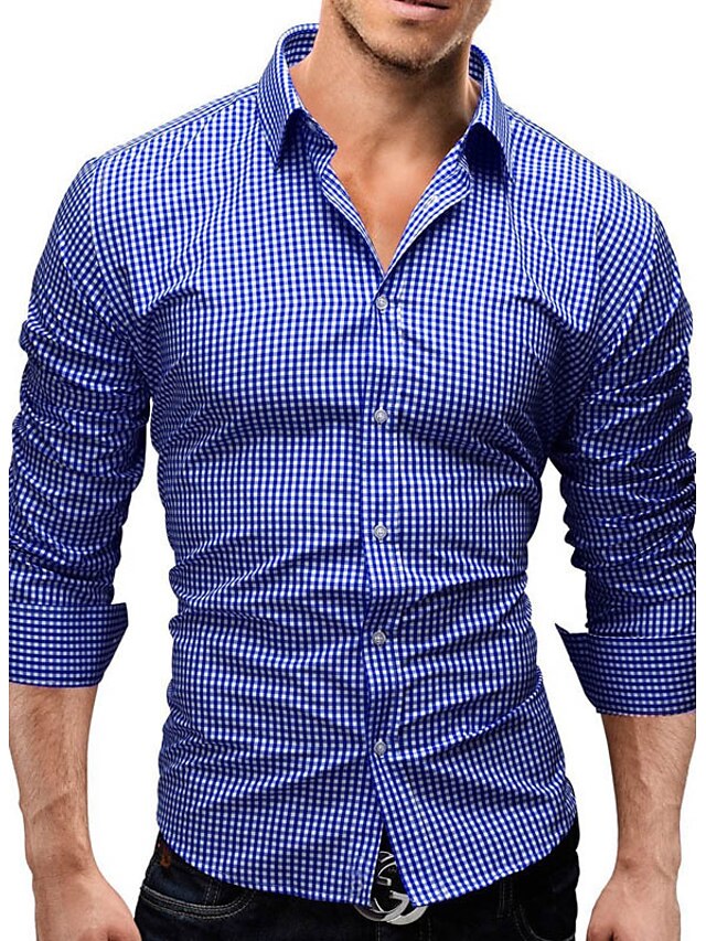  Men's Shirt Plaid / Check Solid Colored Shirt Collar Black Blue Red Long Sleeve Business Daily Slim Tops Active Streetwear