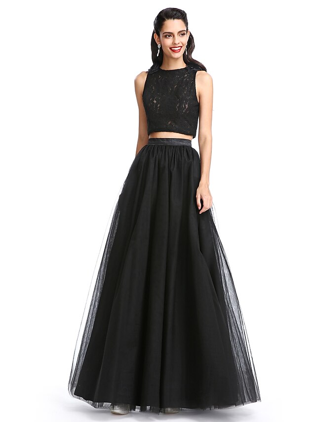  A-Line Two Piece Holiday Homecoming Cocktail Party Dress Jewel Neck Sleeveless Floor Length Lace Tulle with Pleats 2020