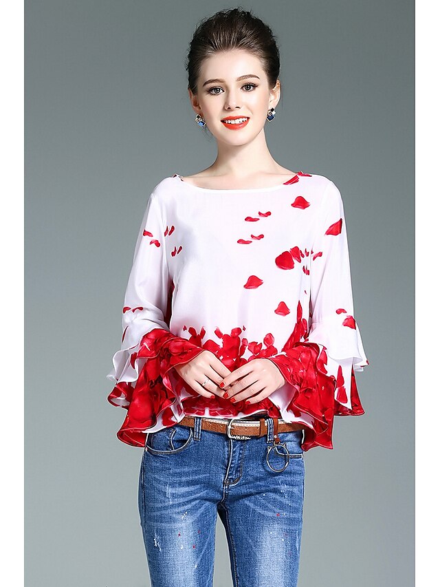  Γυναικείο Μπλούζα Εξόδου Καθημερινά Χαριτωμένο Φλοράλ,Μακρυμάνικο Στρογγυλή Λαιμόκοψη Μετάξι