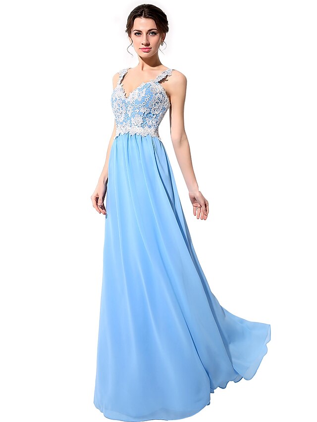  Sheath / Column Straps Floor Length Chiffon Open Back Prom / Formal Evening Dress with Beading / Appliques by