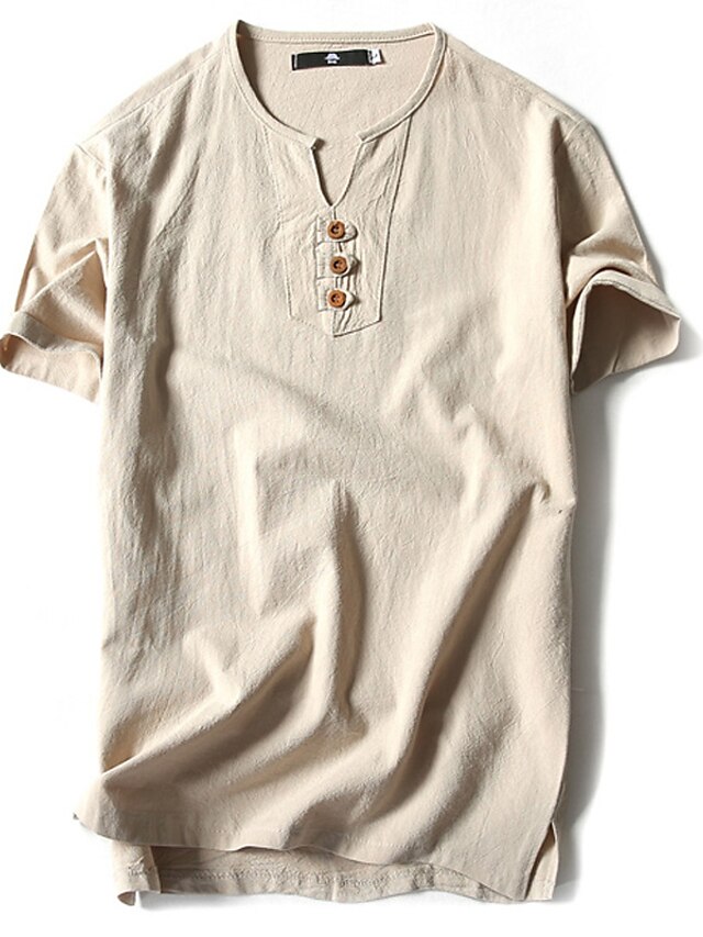  ανδρικό πουκάμισο μονόχρωμο στρογγυλό λαιμό καθημερινά αθλητικά κοντομάνικα μπλουζάκια βαμβακερά βασικά chinoiserie λευκό μαύρο χακί / καλοκαίρι