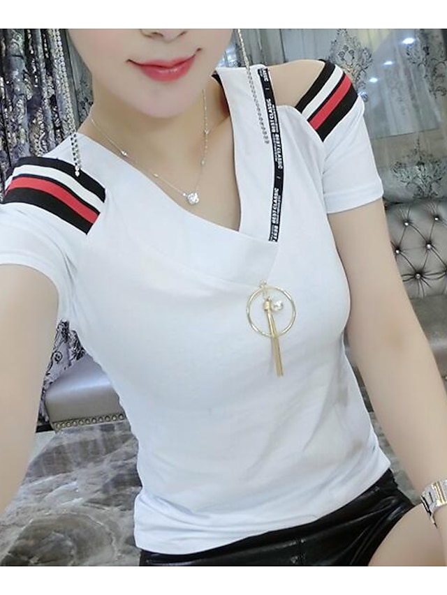  Damen T Shirt Gestreift Einfarbig V Ausschnitt Rote Weiß Schwarz Alltagskleidung Verabredung Bekleidung Baumwolle Basic / Sommer / Kurzarm