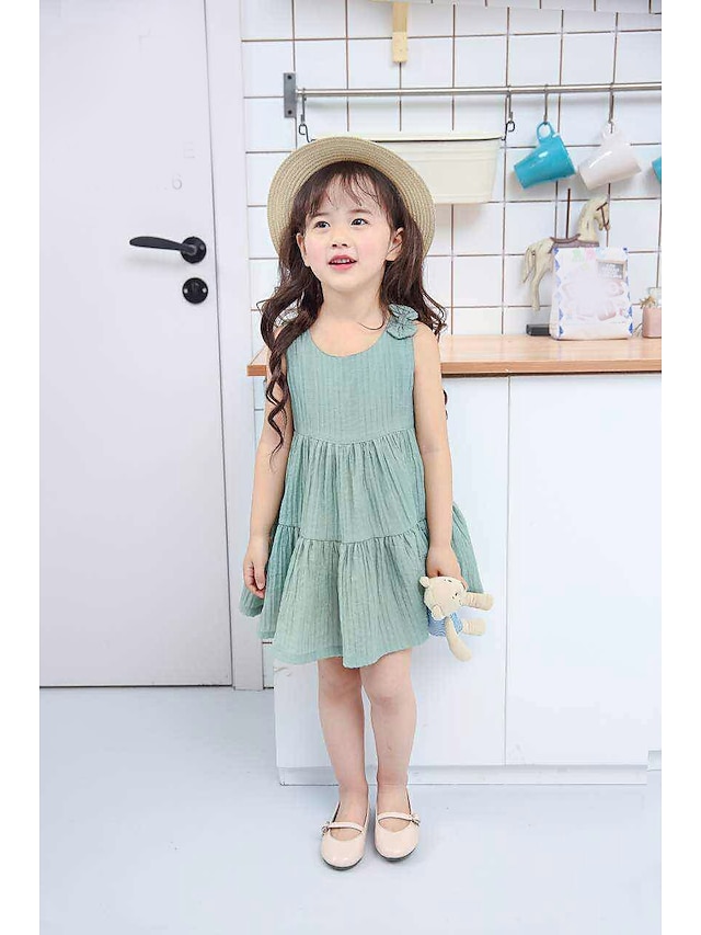  Little Girls' Dress Solid Colored Light Green Sleeveless Bow Dresses Summer