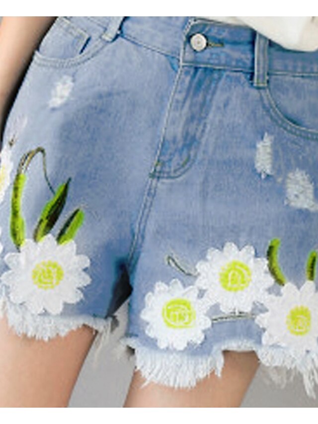 Women's Chic & Modern Plus Size Daily Wear Slim Pants Pants - Flower / Floral Classic Style Denim Light Blue S M L