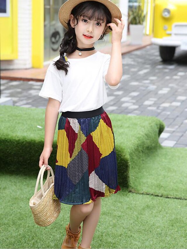  Girls' 3D Solid Color Patchwork Fashion Clothing Set Short Sleeves Summer