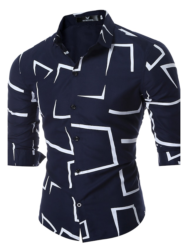  Men's Shirt Geometric Classic Collar White Black Navy Blue Long Sleeve Daily Weekend Print Slim Tops / Summer / Summer