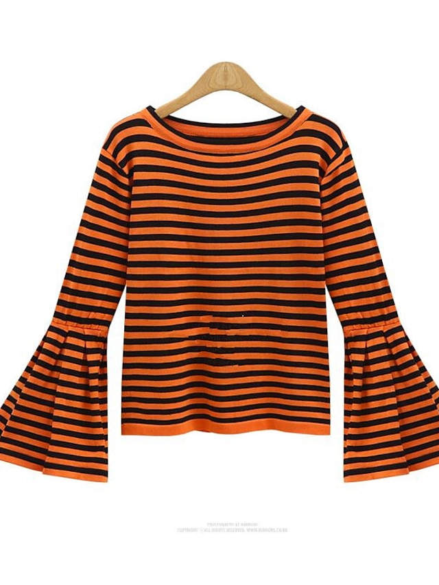  Women's Cotton T-shirt - Striped / Spring / Summer / Flare Sleeve / Fine Stripe