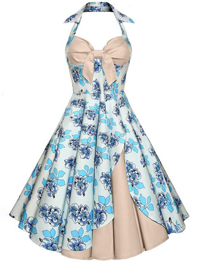  Women's Going out Vintage Swing Dress,Floral Halter Midi Sleeveless Cotton Summer Mid Rise Inelastic Medium