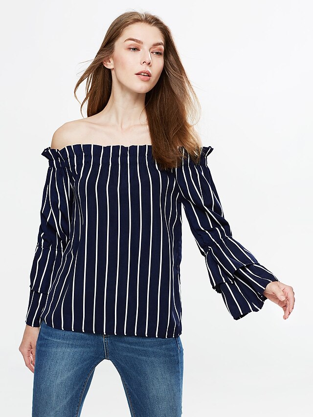  Women's Striped T-shirt - Cotton Simple Casual / Daily Boat Neck Blue