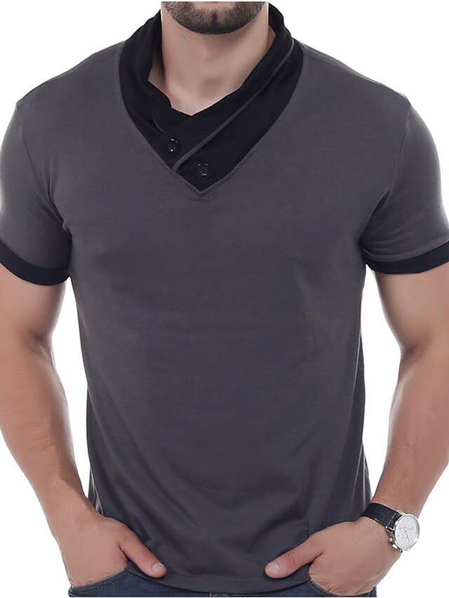  男性用 ゴルフシャツ パッチワーク ソリッド カラー Ｖネック ブラック ブルー グレー ダックグレー 半袖 カジュアル 日常 スリム トップの コットン 活発的 ストリートファッション