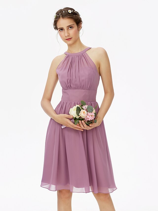 A-Line Bridesmaid Dress Jewel Neck Sleeveless Elegant Floor Length Chiffon / Lace with Sash / Ribbon / Pleats