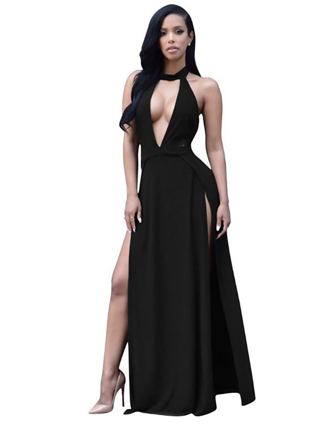  Women's Choker Going out Maxi Slim A Line Dress - Solid Colored Black Deep V Summer Silk Black M L XL / Backless
