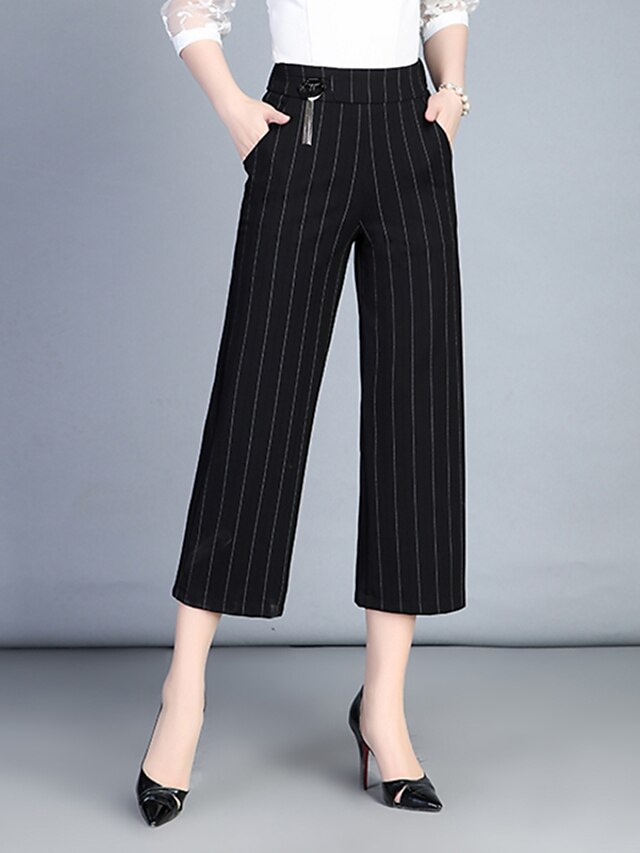  Women's Simple Plus Size Casual / Daily Wide Leg / Chinos Pants - Striped Sequins / Tassel / Stripe Cotton Black