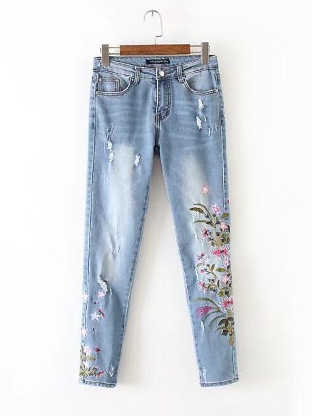  Women's Simple Skinny / Jeans Pants - Floral High Waist Blue