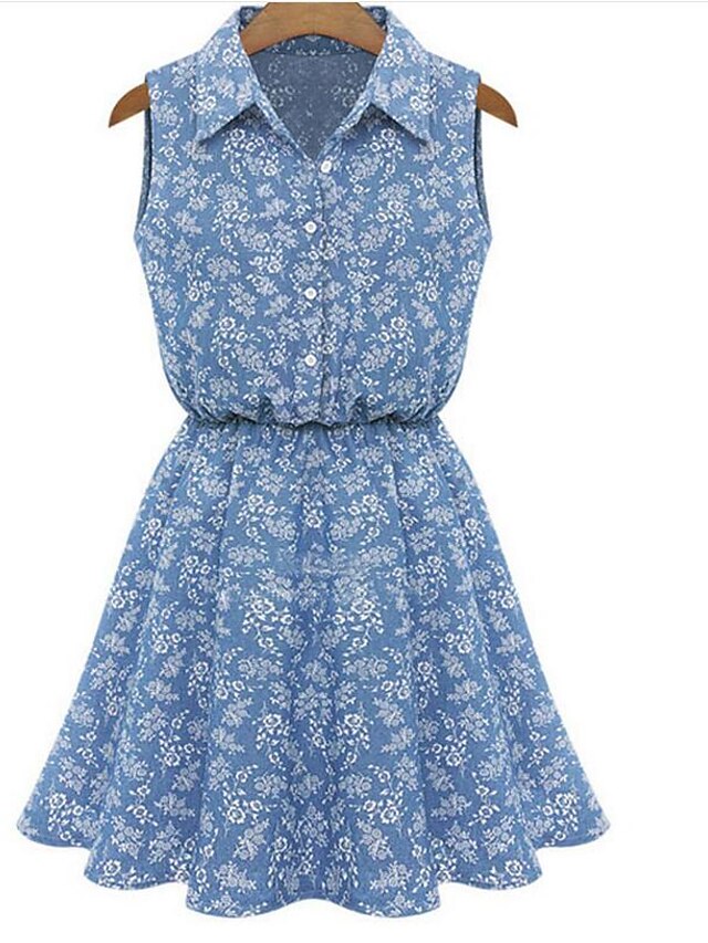  Damen Übers Knie Blau Kleid Frühling Ausgehen Strand A-Linie Lose Hülle Blumen Solide Quadratischer Ausschnitt Druck / Baumwolle