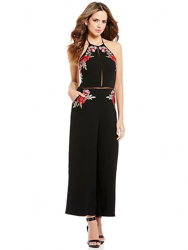  Women's Jumpsuit Backless Embroidered Hollow Halter Neck Pants Daily Club Wide Leg Sleeveless Black S M L Summer / Cut Out