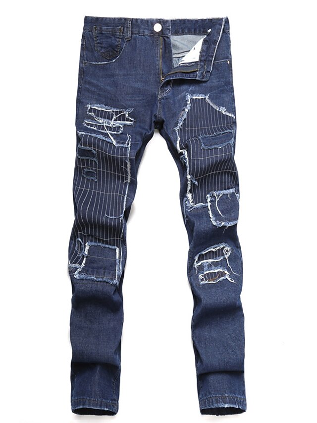  Herre Gatemote Daglig Løstsittende Tynn Jeans Bukser - Lapper Ensfarget Blomst dratt Denim Bomull Svart Blå 28 / 30 / 32