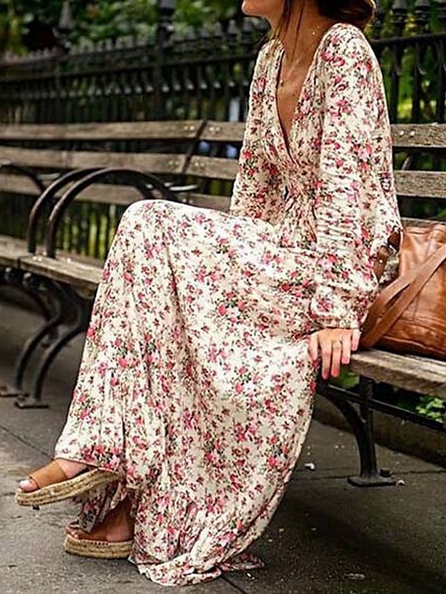 Women‘s Floral Daily Boho Maxi Swing Wrap Dress - Floral V Neck Summer ...