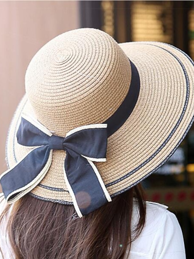  Women's Straw Hat Cute Straw Polyester Holiday - Solid Colored Pure Color Spring Summer Khaki Beige
