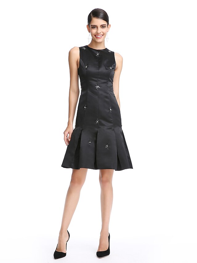  Γραμμή Α Μικρό Μαύρο Φόρεμα Καλωσόρισμα Κοκτέιλ Πάρτι Χοροεσπερίδα Φόρεμα Με Κόσμημα Αμάνικο Μέχρι το γόνατο Σατέν με Χάντρες 2021