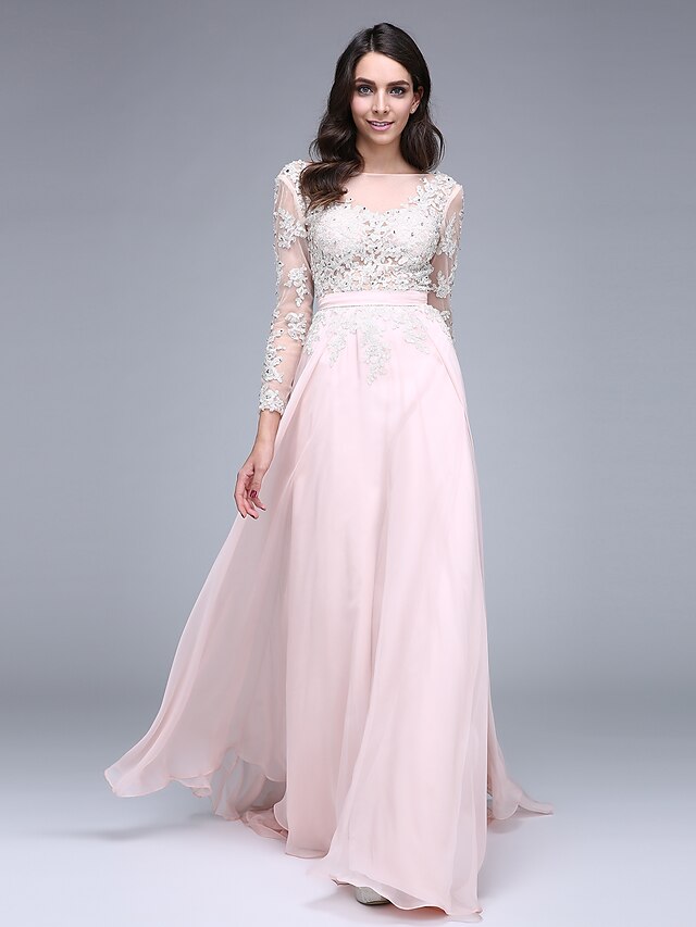  A-Line Dress Formal Evening Sweep / Brush Train Long Sleeve Illusion Neck Chiffon with Appliques 2024