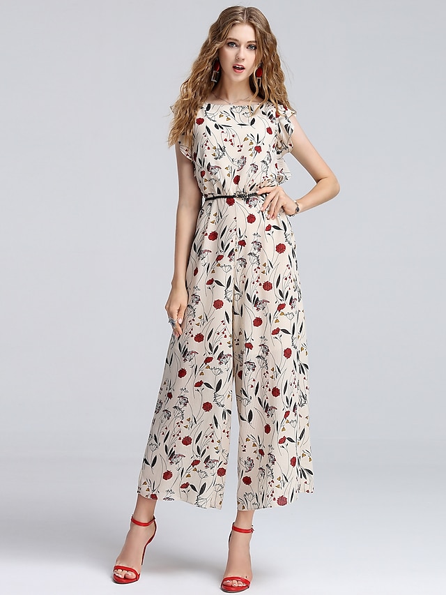  Femme Mode Floral / Botanique Sortie Décontracté / Quotidien Vacances Style floral Combinaison-pantalon,Large Ample Sans Manches Col