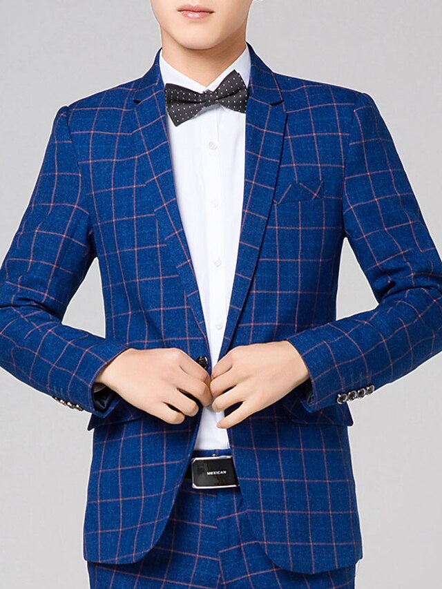  Men's Plus Size Blazer, Plaid V Neck Long Sleeve Wine / Blue / Gray M / L / XL