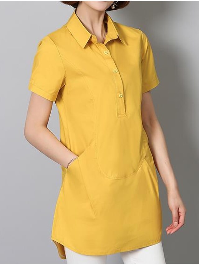  Damen Hemd Einfarbig Hemdkragen Gelb Weiß Schwarz Ausgehen Bekleidung Baumwolle Chinoiserie / Kurzarm