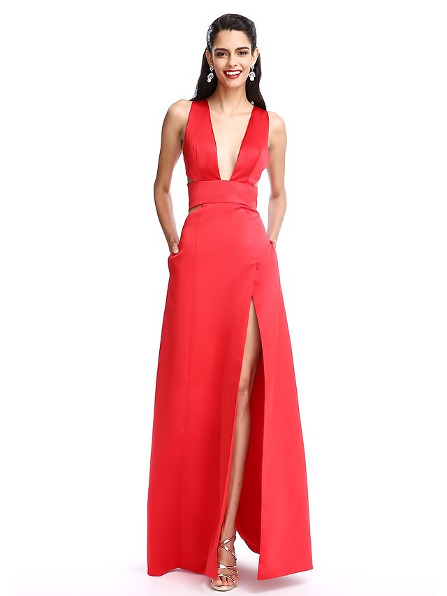  A-Line Minimalist Dress Prom Floor Length Sleeveless Plunging Neck Satin with Split Front 2022 / Formal Evening