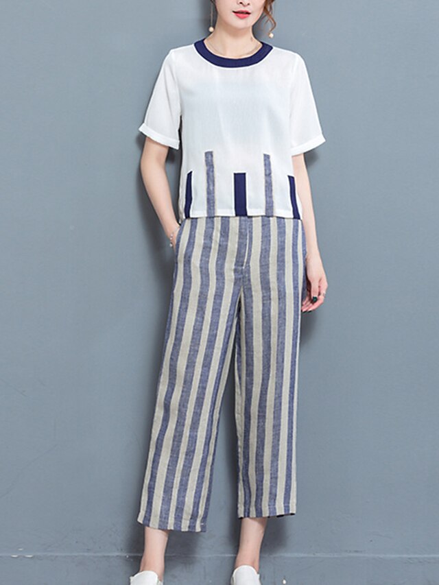  Women's Fashion T-shirt - Color Block Pant / Spring / Summer / Fine Stripe