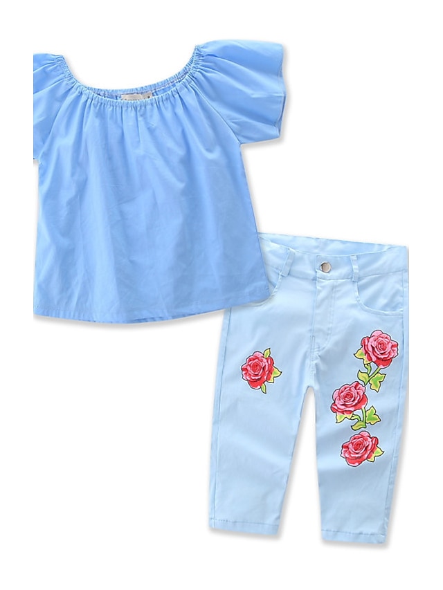  Dívčí Směs bavlny Léto Sady oblečení, Krátký rukáv Květinový Vodní modrá