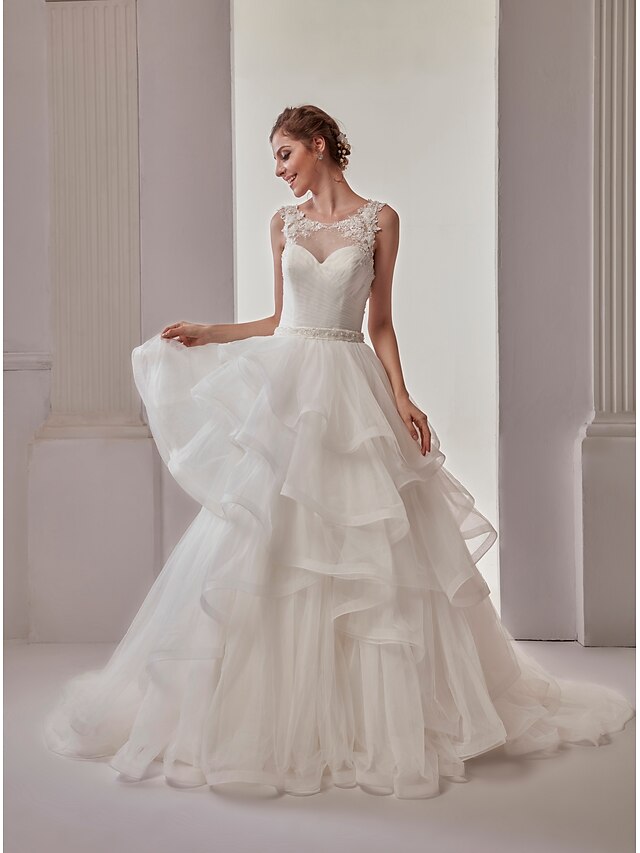  Ball Gown Wedding Dresses Scoop Neck Sweep / Brush Train Lace Tulle Sleeveless See-Through Beautiful Back with Sashes / Ribbons Tiered 2021