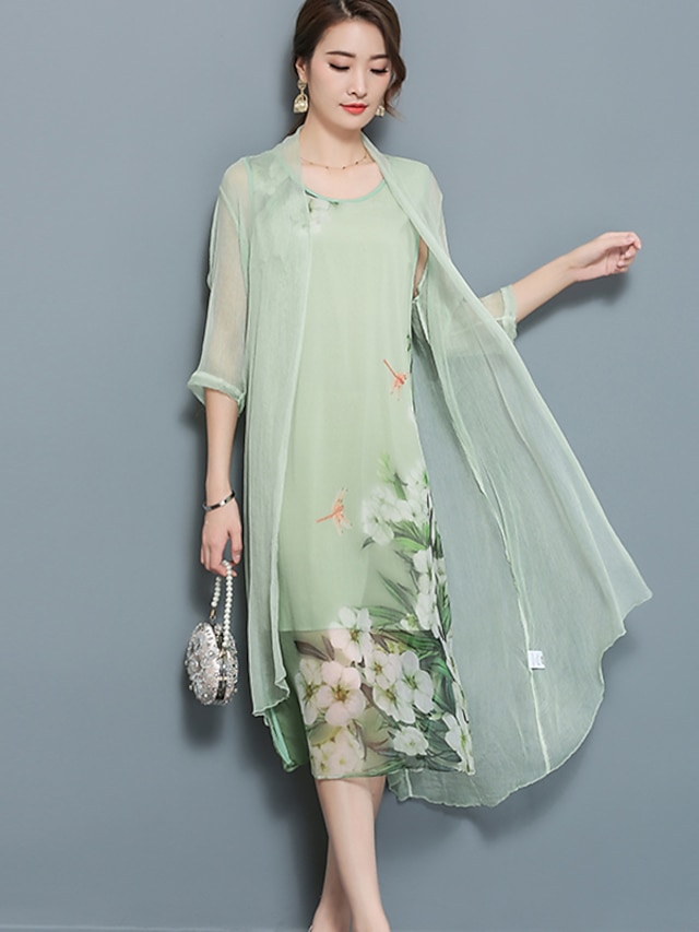 Mulheres Vestido De Duas Peças Floral Com Transparência Verão Outono Gola Peter Pan Moda de Rua Para Noite Verde