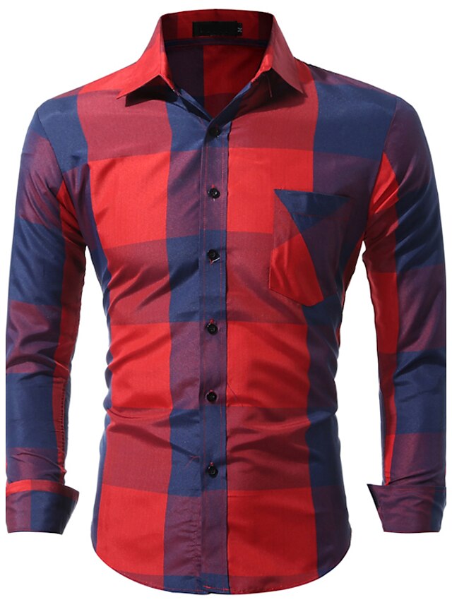  Men's Vintage / Casual / Street chic Cotton Shirt - Color Block / Check Classic Collar / Long Sleeve