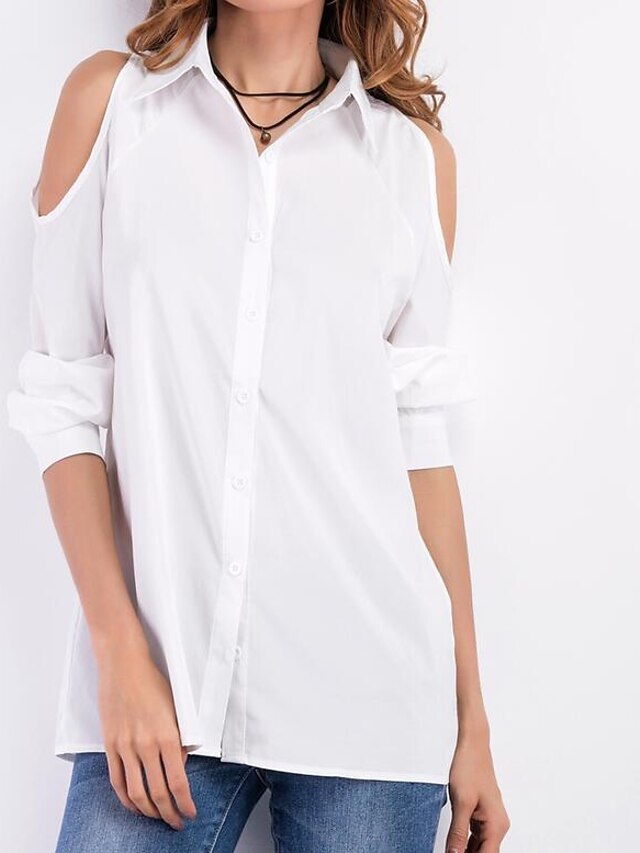  Mulheres Camisa Social Cor Sólida Decote V Branco Preto Para Noite Com Corte Roupa / Manga Longa