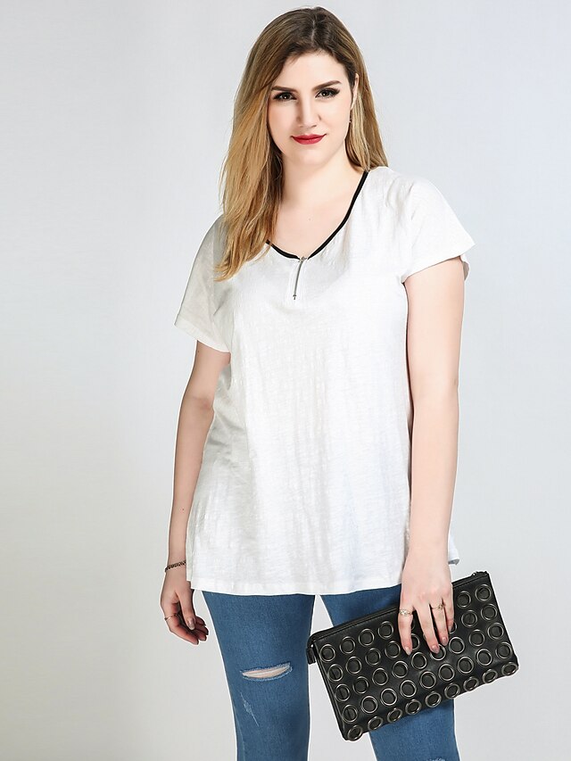  Women's Daily Holiday Casual Plus Size Cotton T-shirt - Color Block / Patchwork V Neck White