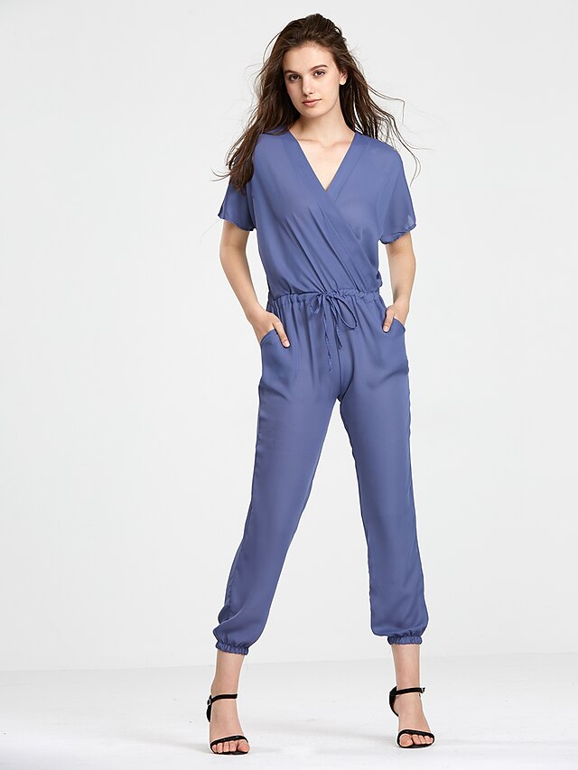  Women's Going out / Casual / Daily / Beach Simple / Vintage V Neck Black Blue Wine Harem Jumpsuit, Solid Colored M L XL High Rise Cotton Short Sleeves Spring Summer