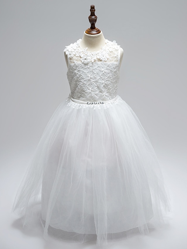  Ball Gown Floor Length Flower Girl Dresses Wedding Lace Sleeveless Jewel Neck with Sash / Ribbon / First Communion / Open Back