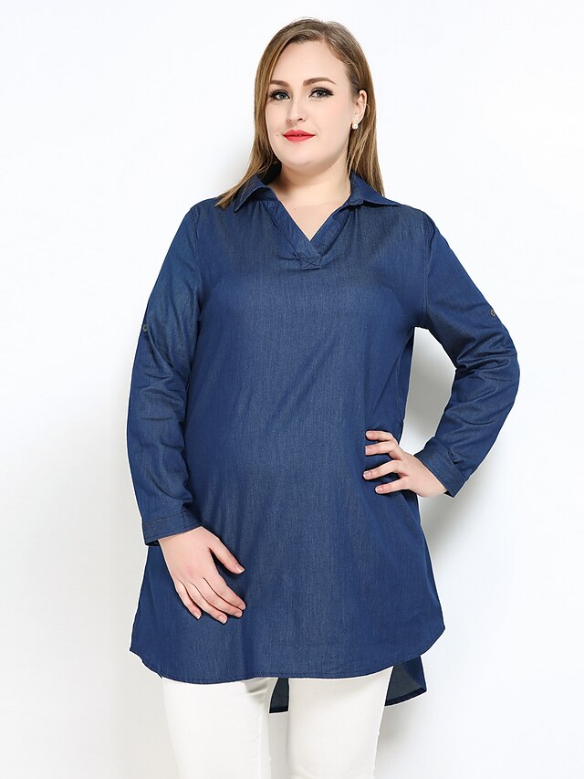  Damen Solide - Freizeit / Retro Festtage Übergrössen Baumwolle Hemd, V-Ausschnitt Blau