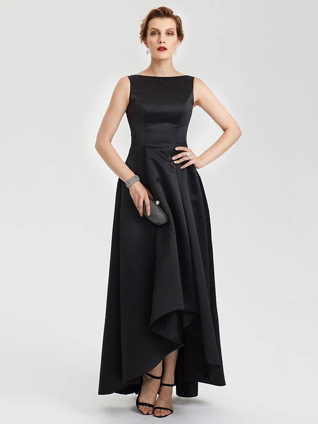  a-line minimalistisk kjole gallakjole asymmetrisk ærmeløs bådhals satin v ryg med læg