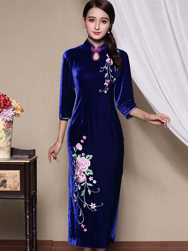  Women's Velvet Plus Size Daily Chinoiserie Maxi Sheath Dress - Embroidered Split Stand Fall Silk Blue Wine XL XXL XXXL