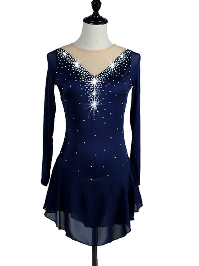  Women's Girls' Ice Skating Dress Outfits Dark Blue Aquamarine Mesh Spandex High Elasticity Practice Professional Competition Skating Wear Anatomic Design Quick Dry Handmade Classic Crystal