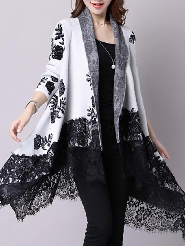  Women's Daily Print Floral Long Sleeve Loose Long Cardigan, V Neck Fall / Winter Cotton White / Gray M / L / XL