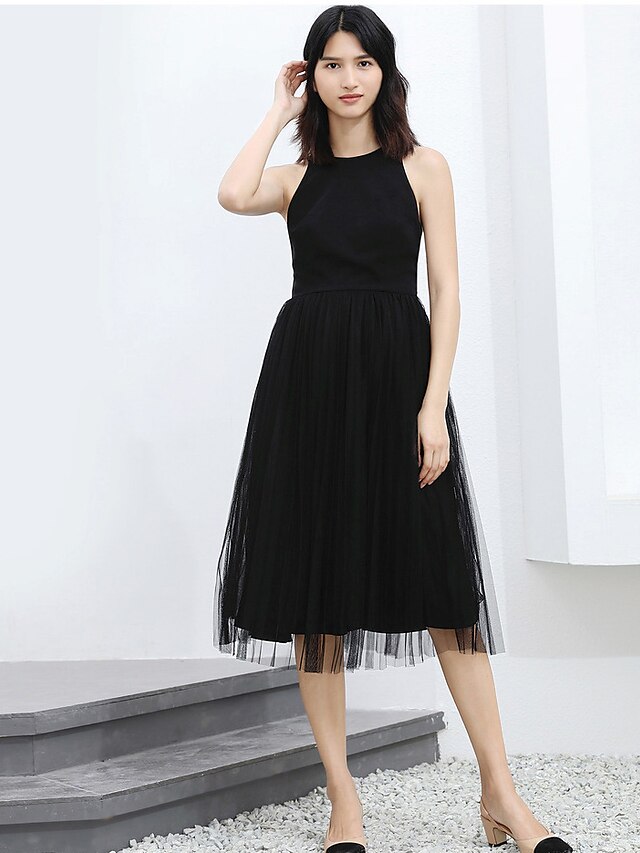  Women's Cotton Little Black / Skater Dress - Solid Colored