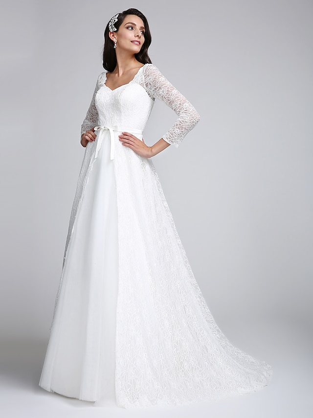  A-Line V Neck Court Train All Over Lace Made-To-Measure Wedding Dresses with Lace by LAN TING BRIDE® / See-Through