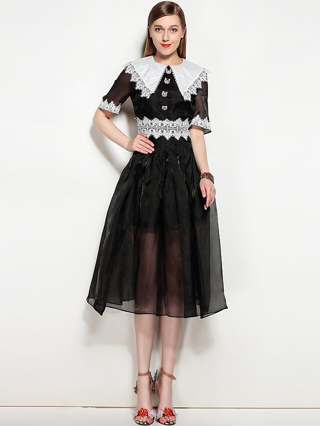 Női A vonalú ruha Térdig érő ruha Fekete Rövid ujjú Egyszínű Tavasz Nyár Állógallér Utcai sikk Parti S M L XL