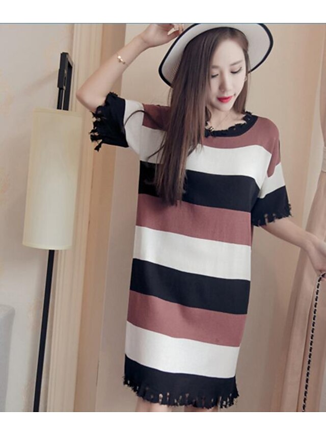  Women's Going out Casual / Street chic Cotton Loose / Shift Dress - Striped / Textured Tassel High Rise / Spring / Summer