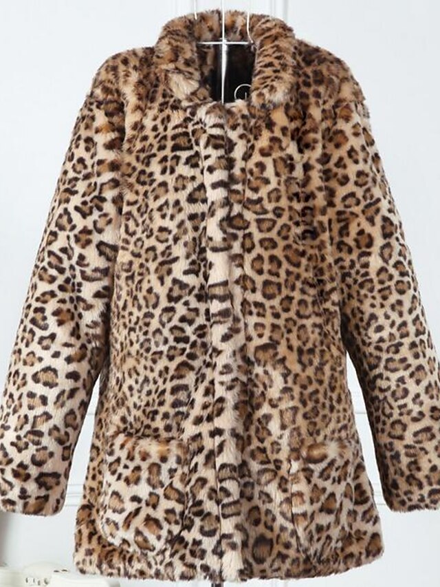  Women's Daily Simple / Casual Fall / Winter Long Fur Coat, Leopard Stand Long Sleeve Faux Fur Brown M / L / XL